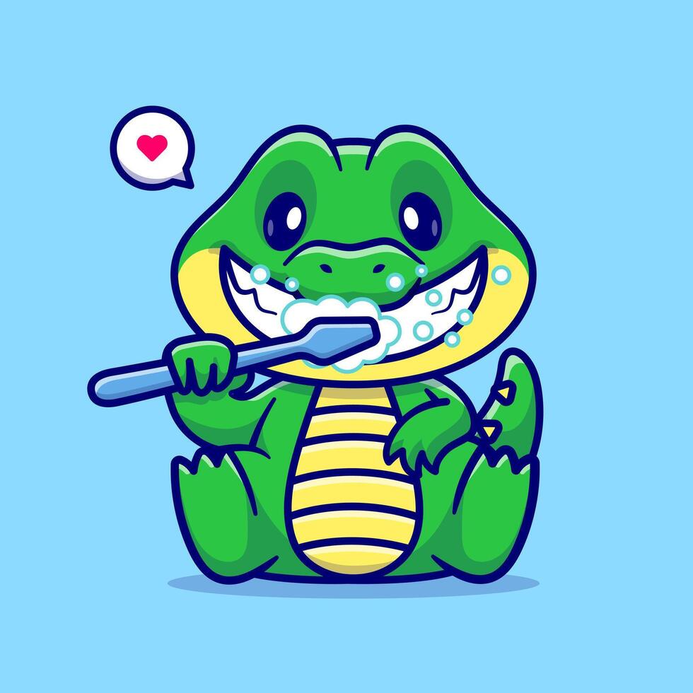 Cute Crocodile Brushing Teeth Cartoon Vector Icon Illustration. Animal Healthy Icon Concept Isolated Premium Vector. Flat Cartoon Style