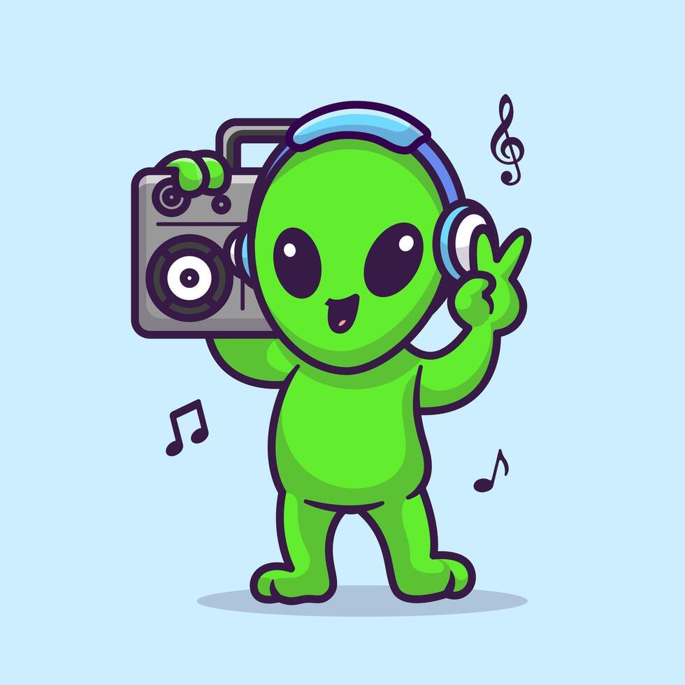 Cute Alien Listening Music With Boombox And Headphone Cartoon Vector Icon Illustration. Science Technology Icon Concept Isolated Premium Vector. Flat Cartoon Style