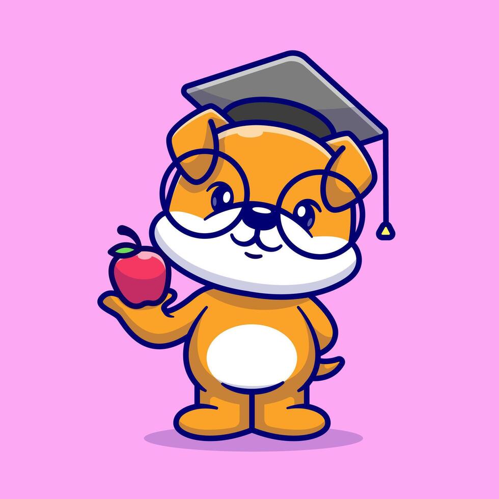 Cute Dog Holding Apple With Graduation Hat Cartoon Vector Icon Illustration. Animal Education Icon Concept Isolated Premium Vector. Flat Cartoon Style