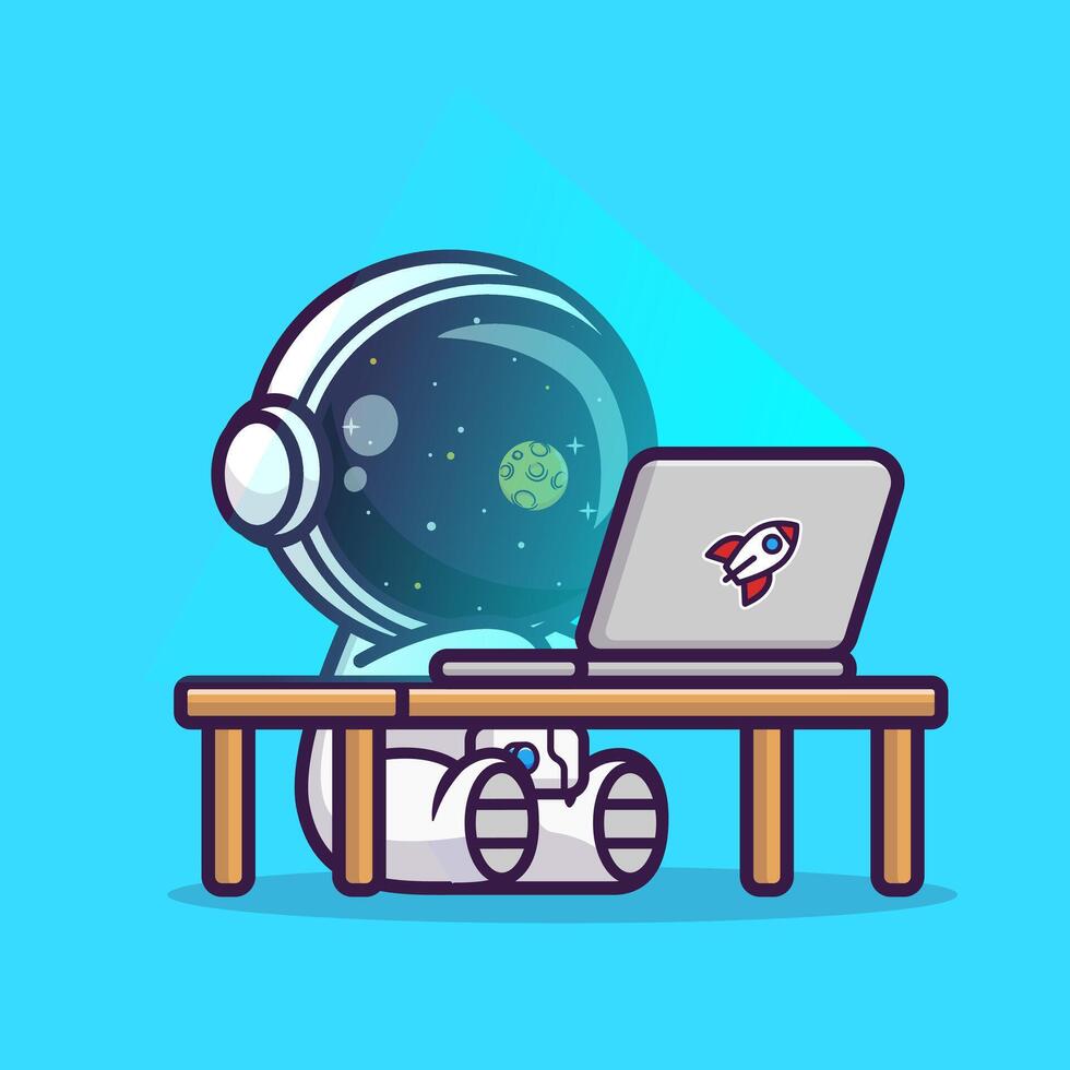 lindo astronauta trabajando en la ilustración del icono del vector de dibujos animados de la computadora portátil. ciencia tecnología icono concepto aislado vector premium. estilo de dibujos animados plana