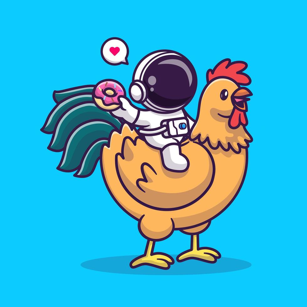 linda astronauta montando astronauta pollo y ondulación mano vector de dibujos animados icono ilustración. Ciencias animal icono concepto aislado prima vector. plano dibujos animados estilo