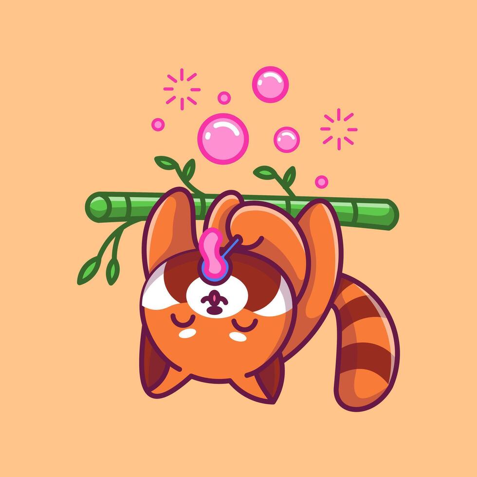 Cute Red Panda Blowing Bubble On Bamboo Tree Cartoon Vector Icon Illustration. Animal Nature Icon Concept Isolated Premium Vector. Flat Cartoon Style