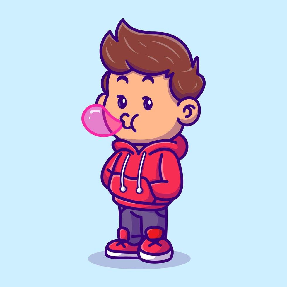 Cute Boy Blowing Candy Bubble Cartoon Vector Icon Illustration. People Fashion Icon Concept Isolated Premium Vector. Flat Cartoon Style