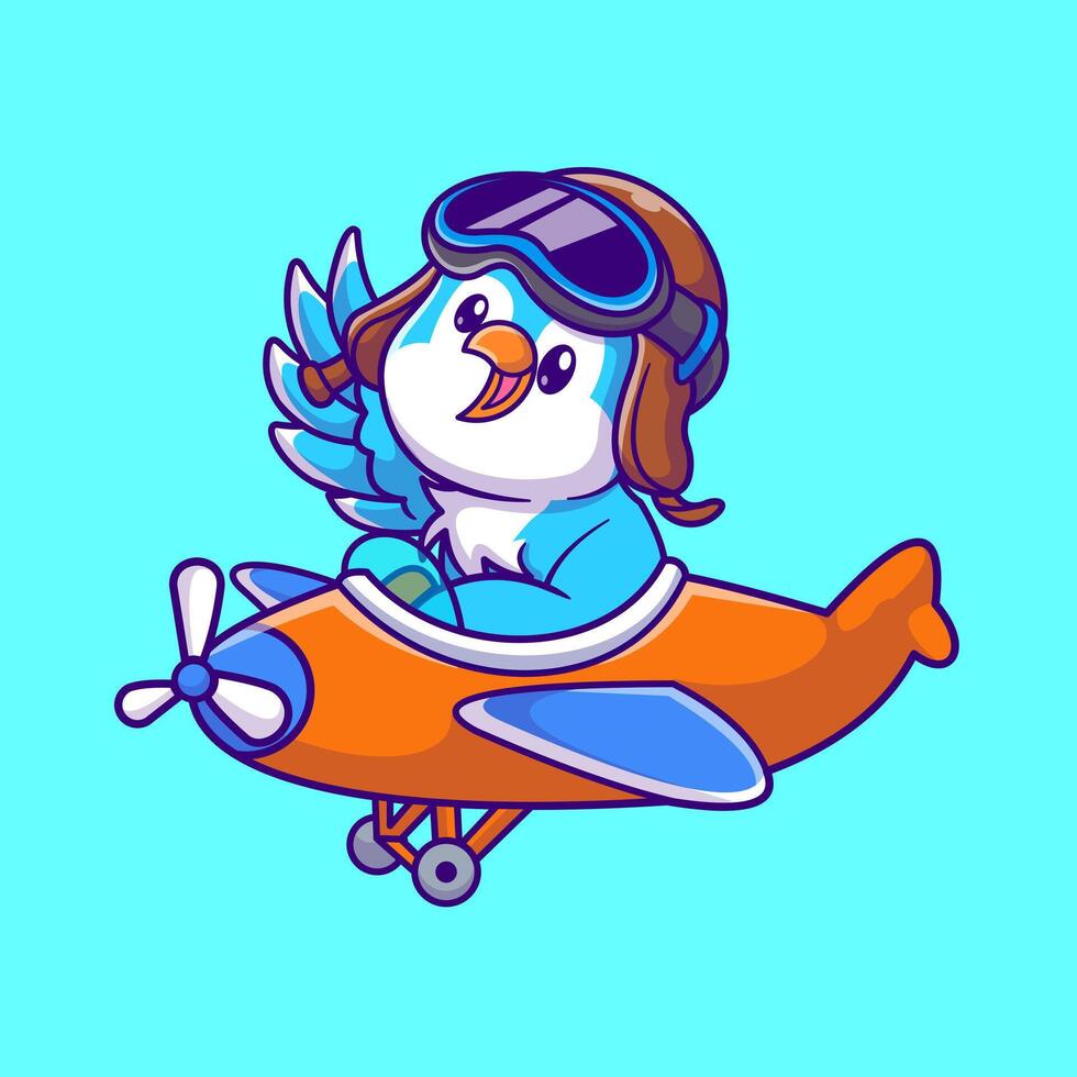 Cute Bird Riding Airplane Cartoon Vector Icon Illustration.  Animal Transportation Icon Concept Isolated Premium Vector.  Flat Cartoon Style