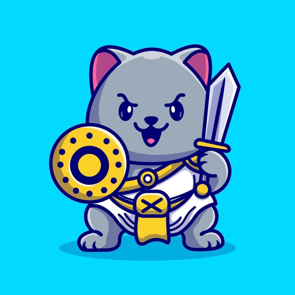 Cute Cat Gladiator Warrior Holding Sword And Shield Cartoon Vector Icon Illustration. Animal Nature Icon Concept Isolated  Premium Vector. Flat Cartoon Style