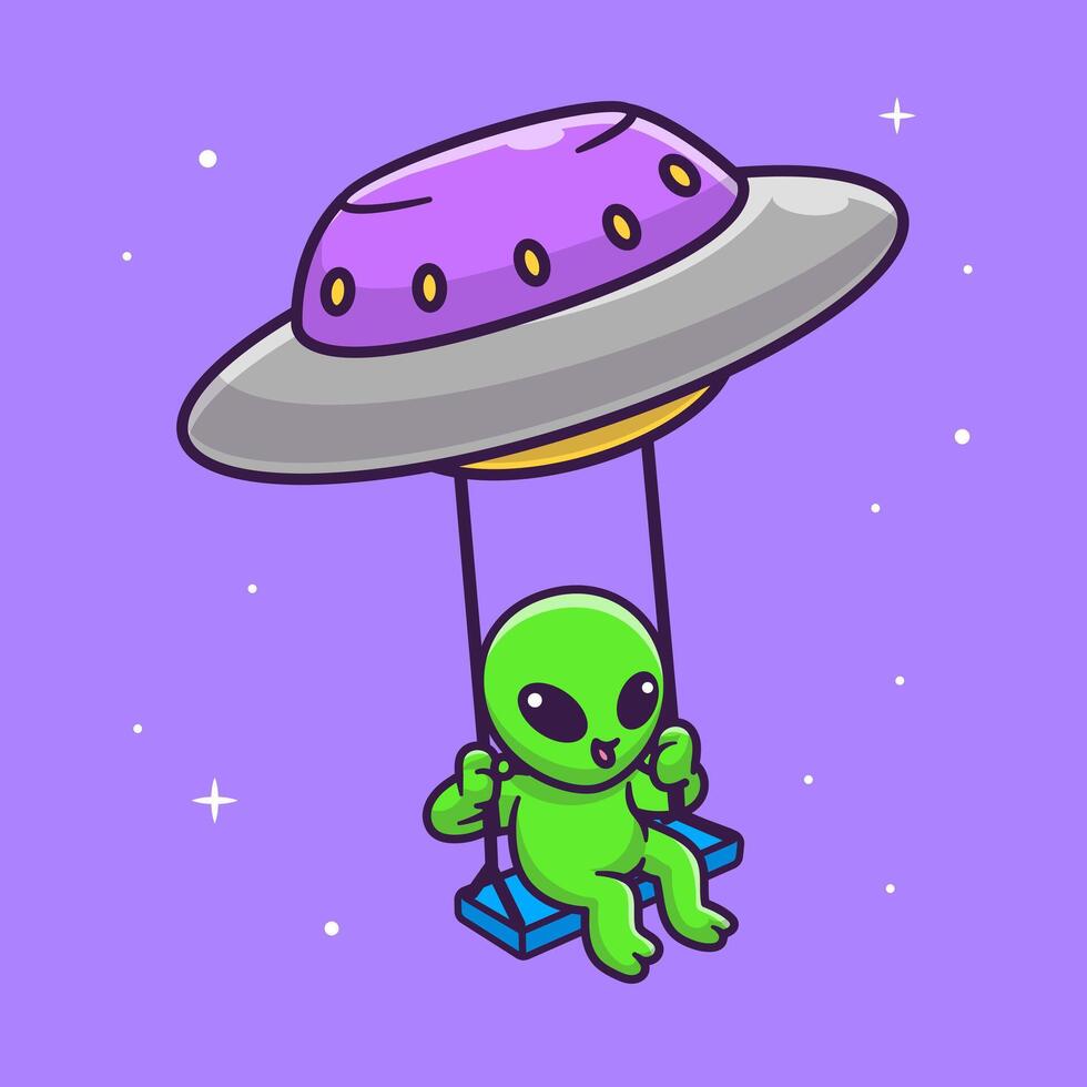 Cute Alien Swing On Ufo Cartoon Vector Icon Illustration. Science Technology Icon Concept Isolated Premium Vector. Flat Cartoon Style
