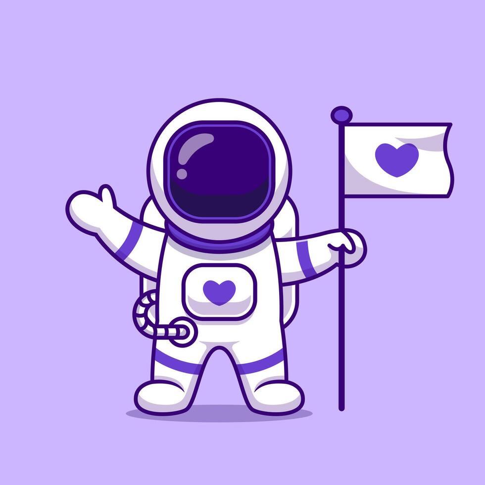 Cute Astronaut Standing With Flag Cartoon Vector Icon Illustration. Science Technology Icon Concept Isolated Premium Vector. Flat Cartoon Style