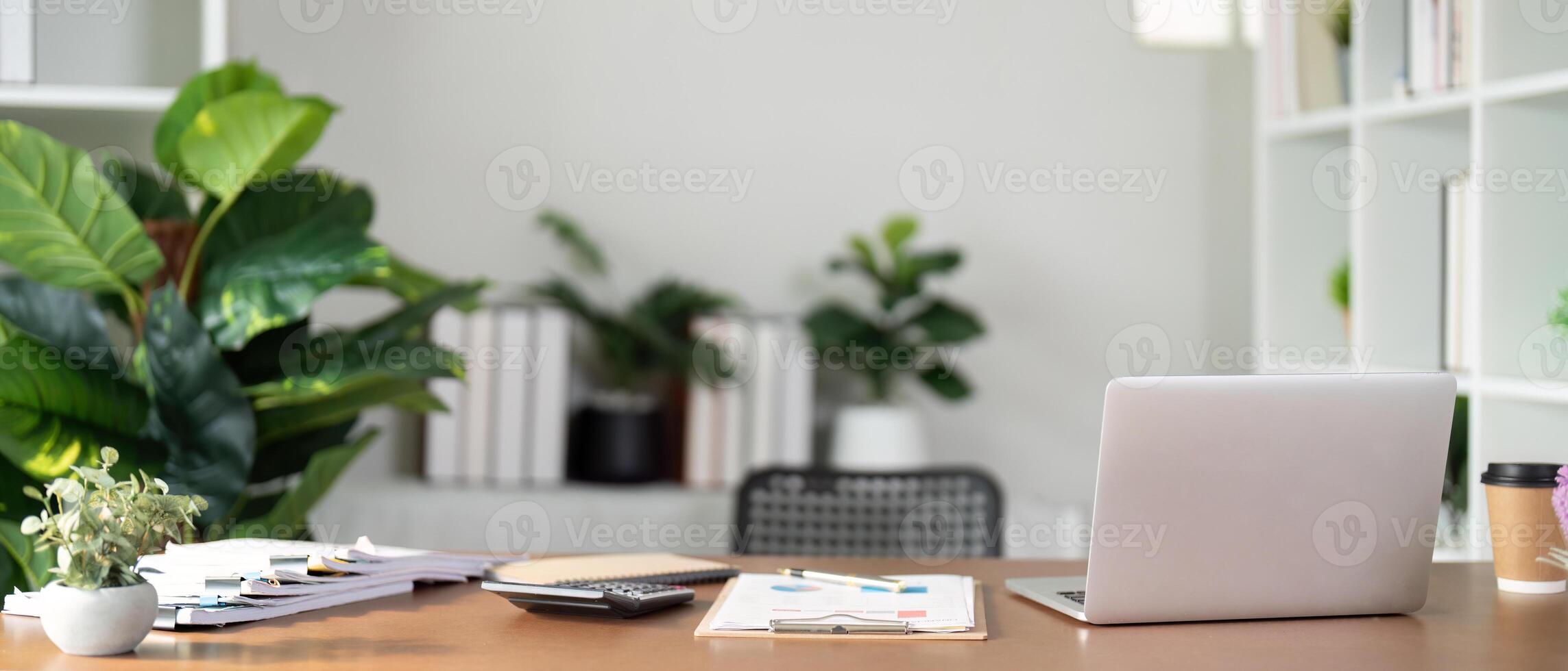 Empty workplace with desk and plant in office room, copy space. work from an atmospheric home office full of green plant photo