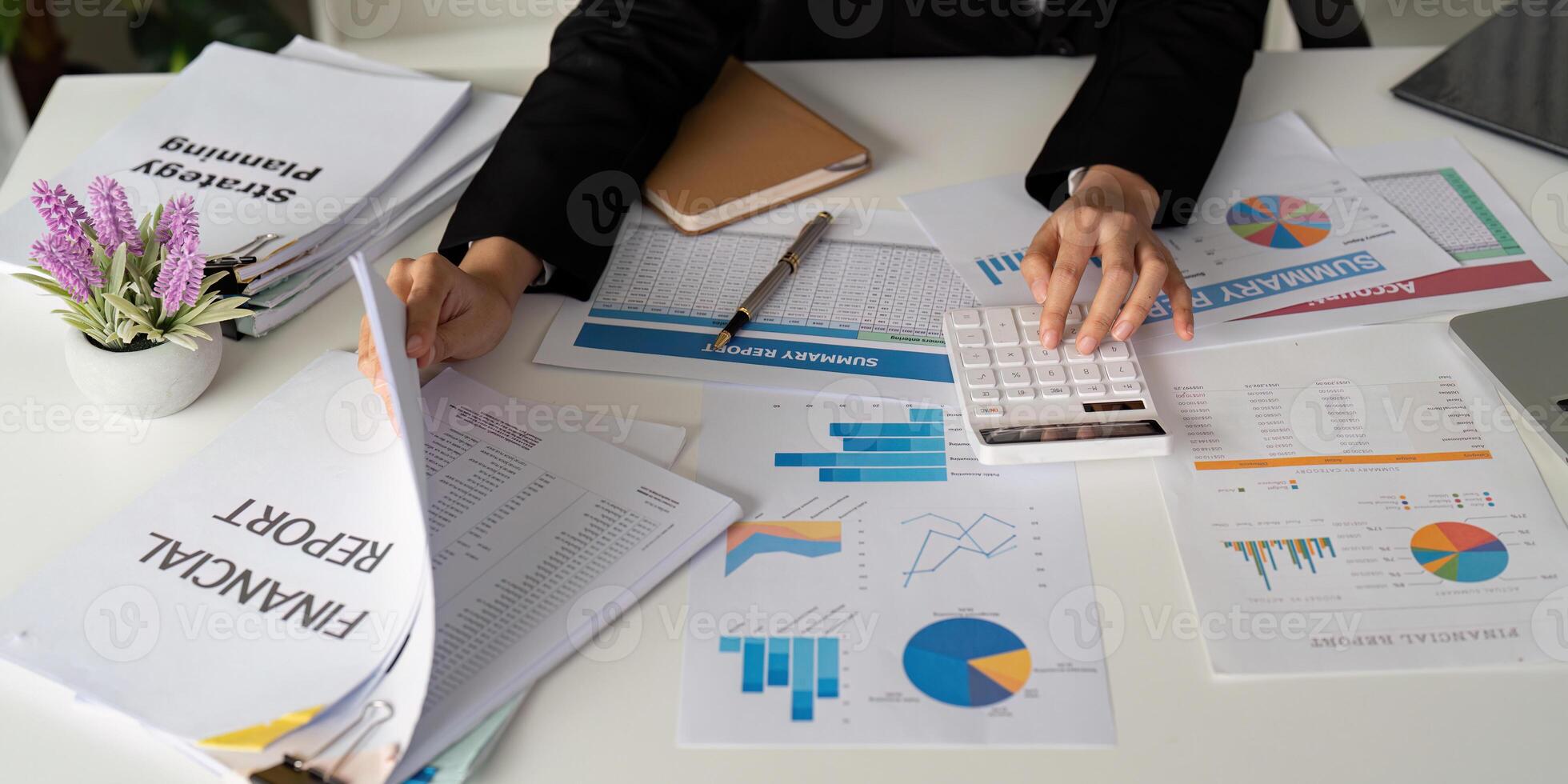 Documents, Business woman and accountant reading report for information, financial data or analysis. Paperwork, auditor check, review and bookkeeping, Calculate finance and tax in office photo