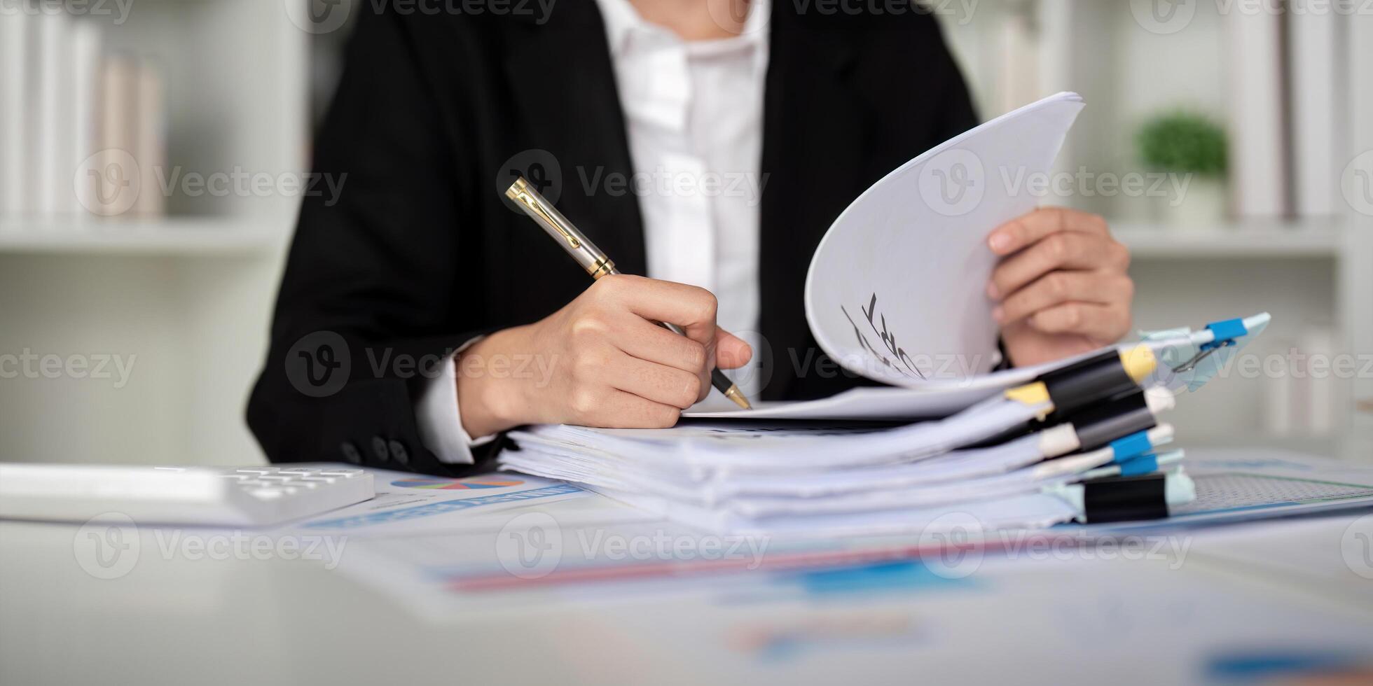 Documents, Business woman and accountant reading report for information, financial data or analysis. Paperwork, auditor check, review and bookkeeping, Calculate finance and tax in office photo