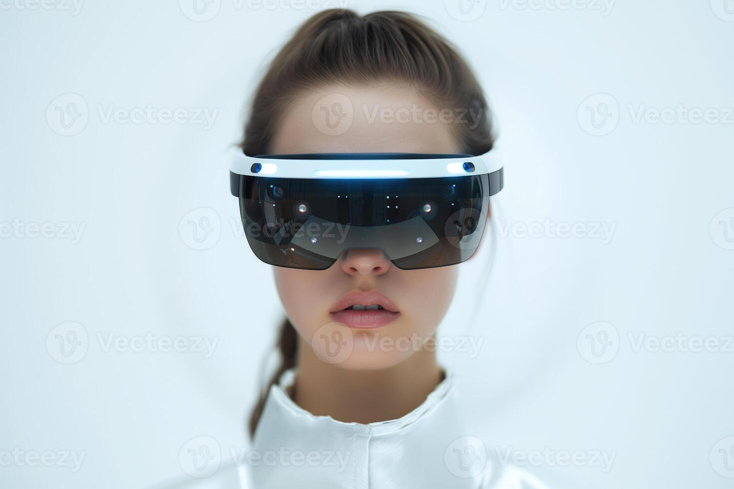 AI generated beautiful young woman in virtual reality glasses. Future technology concept. photo