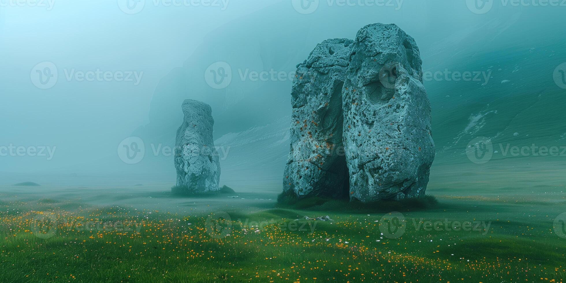 AI generated ancient megalithic stones on a foggy morning on a meadow in mountain valley photo