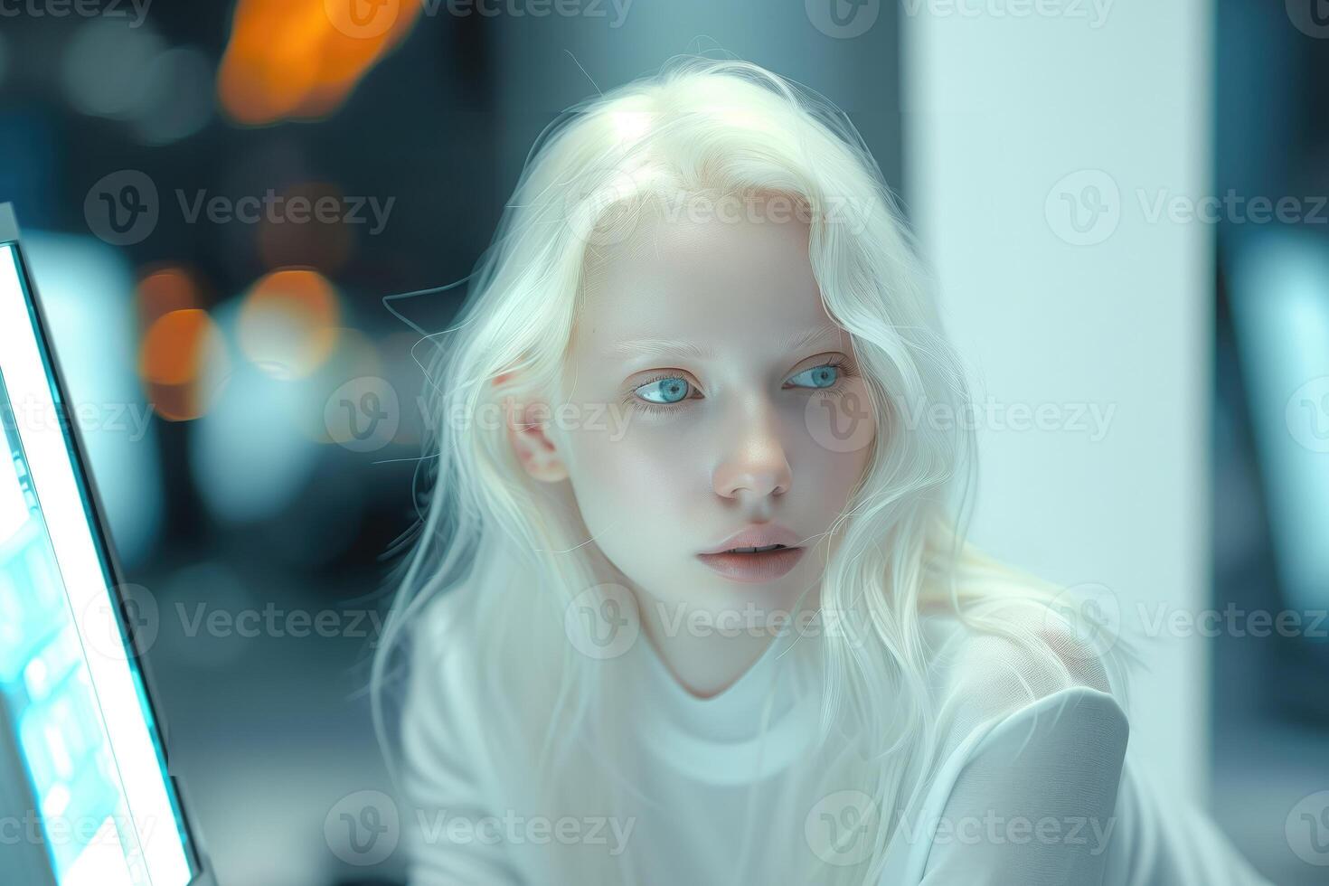 AI generated Portrait of a beautiful albino young woman sitting at a table in front of a computer photo