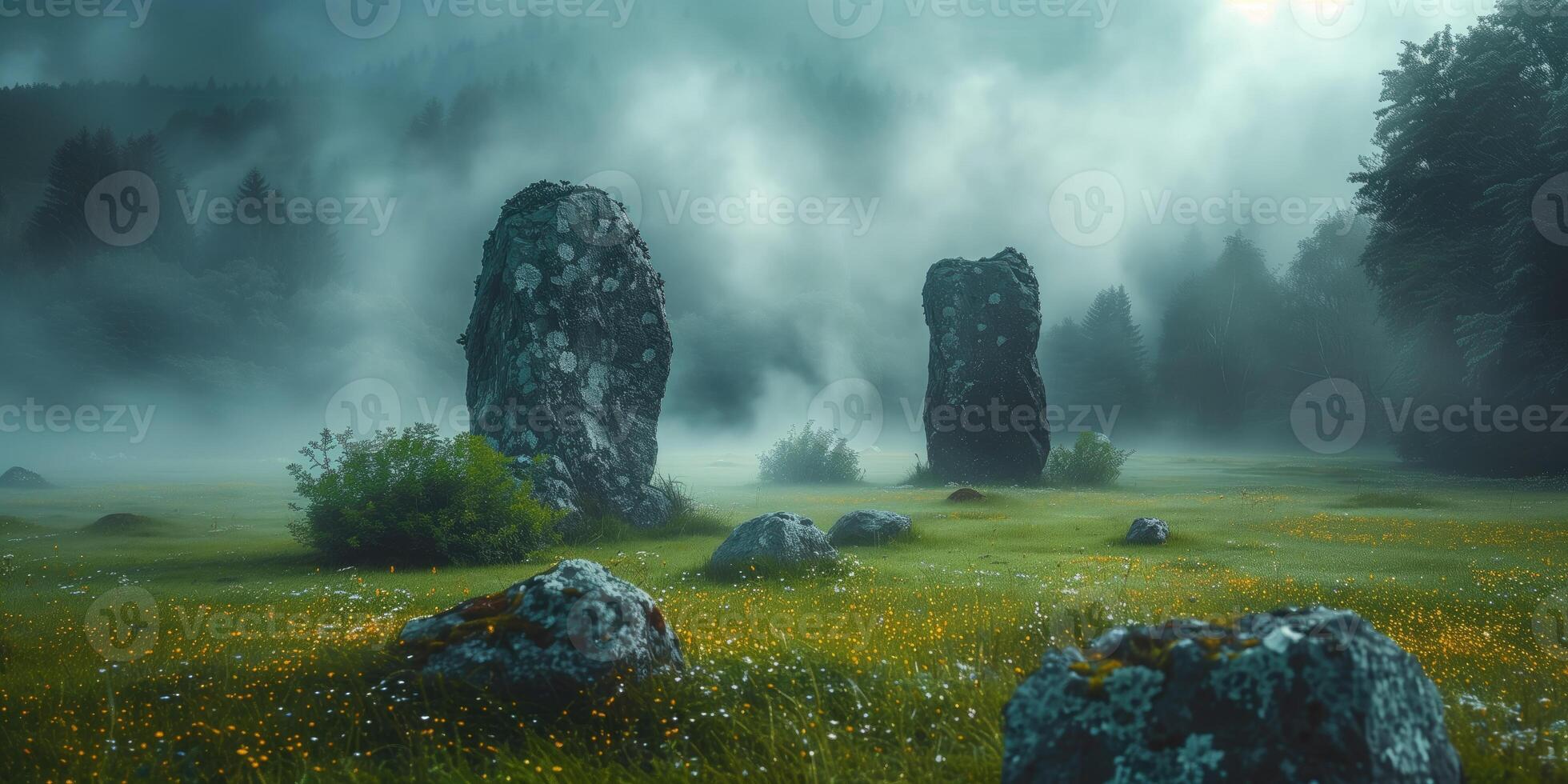 AI generated ancient megalithic stones on a foggy morning in a beautiful valley photo