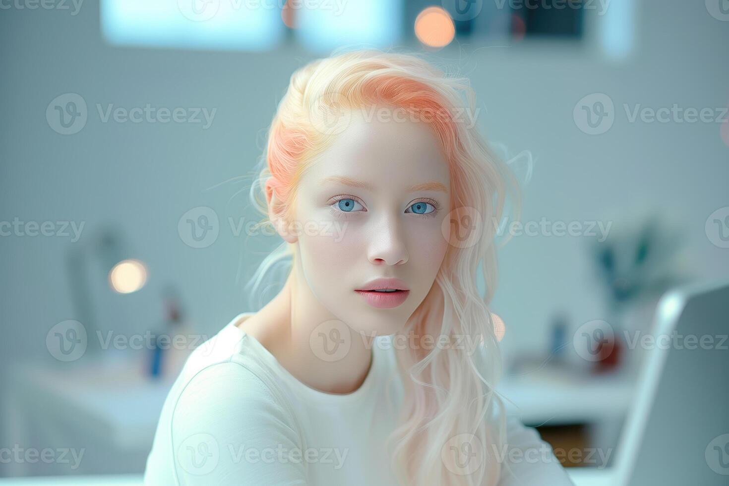 AI generated Portrait of a beautiful young woman sitting at a table in front of a computer photo