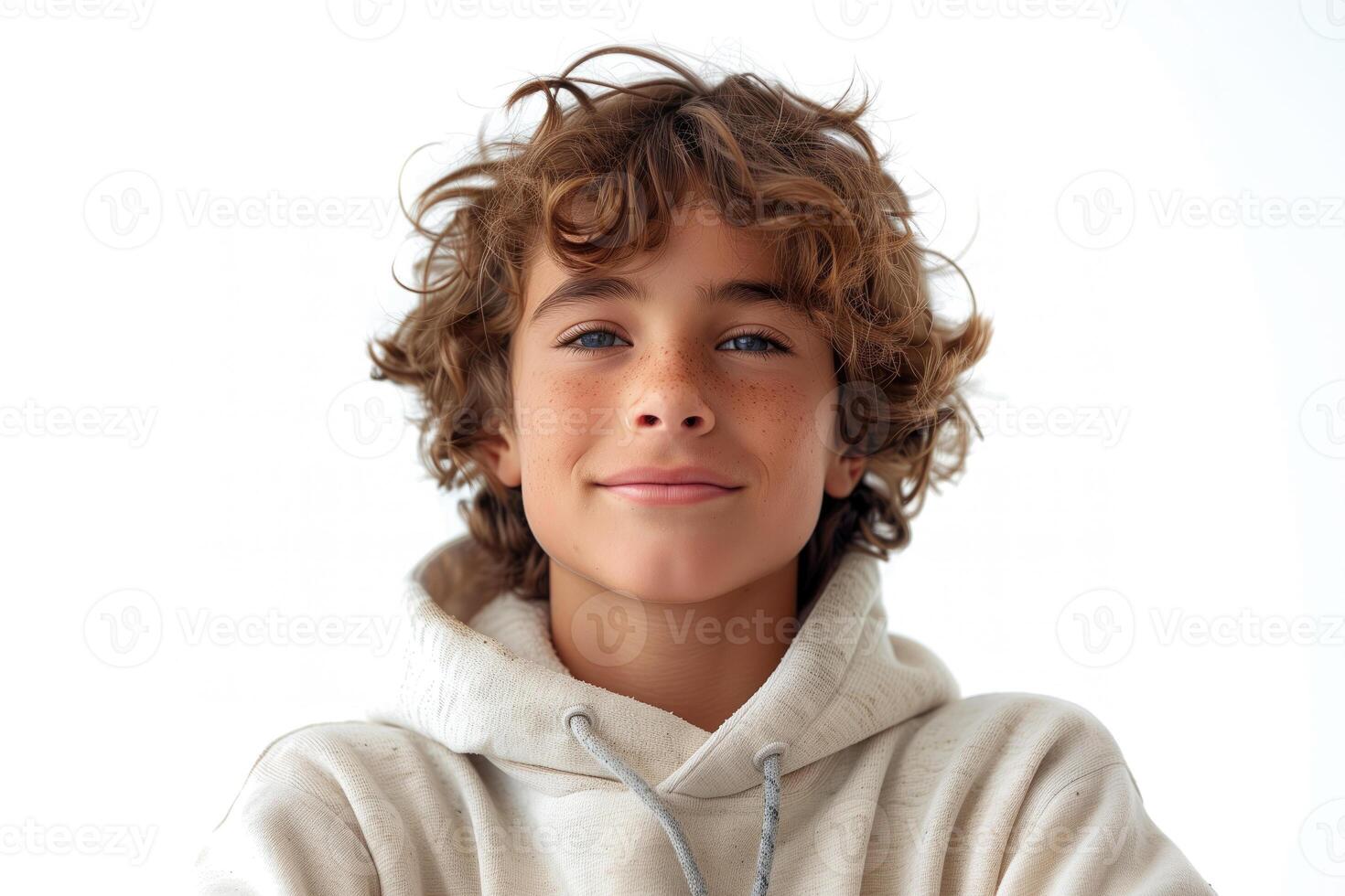 AI generated Portrait of a cute boy with curly hair isolated on white background photo