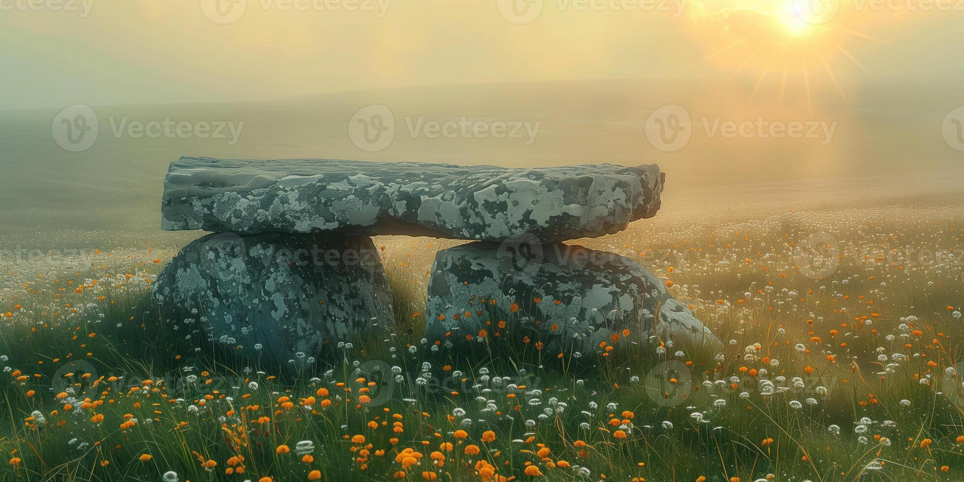 AI generated ancient megalithic dolmen, large stone table on a foggy morning in the rays of the rising sun photo