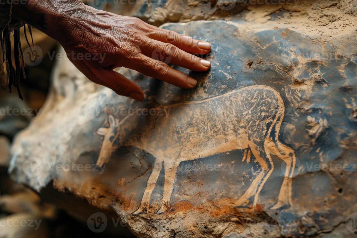 AI generated cave painting, the hand of an indigenous person touches an ancient stone with animals depicted on it photo