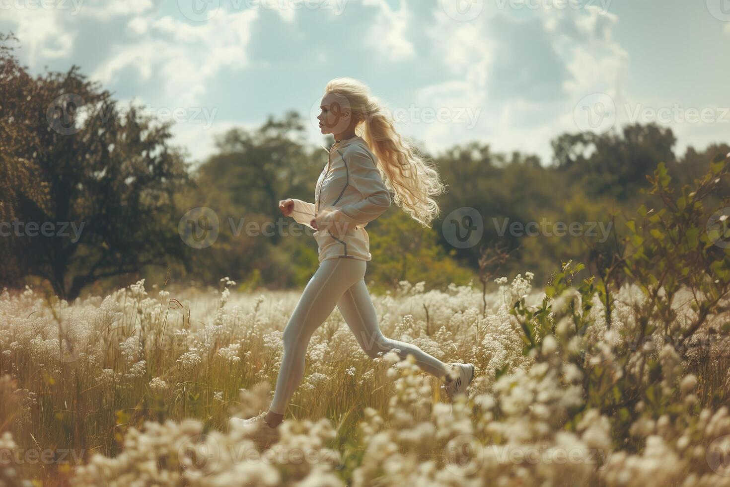 ai generado joven mujer niña haciendo sendero corriendo en un campo de blanco flores y arboles foto