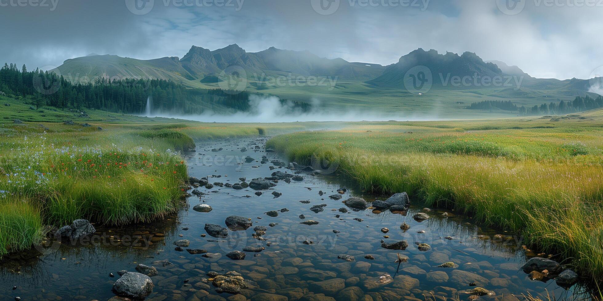 AI generated landscape of valley in volcanic region with geysers and thermal springs photo