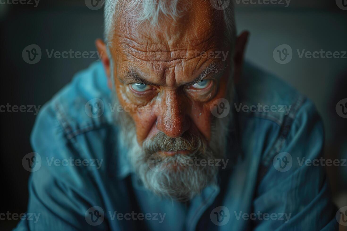 AI generated portrait of a frowning angry senior man close up on a dark background photo