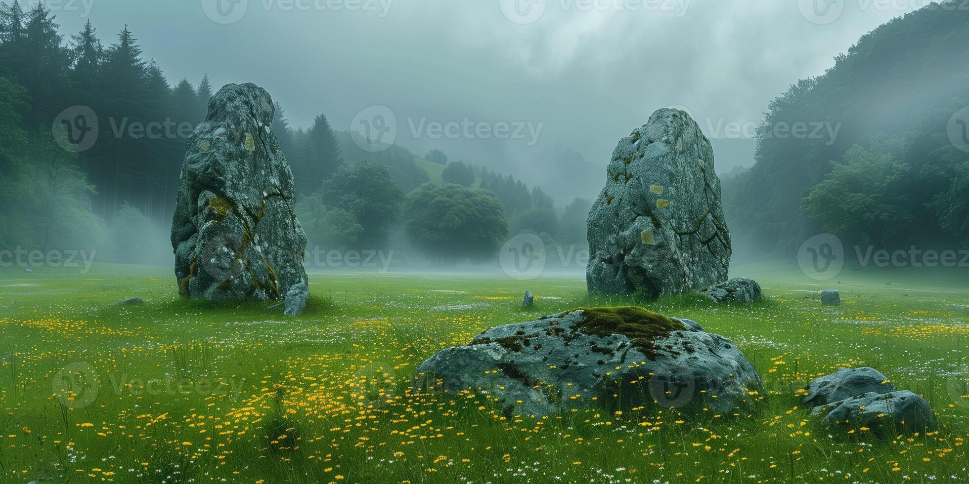 ai generado antiguo megalítico piedras en un brumoso Mañana en un hermosa Valle foto