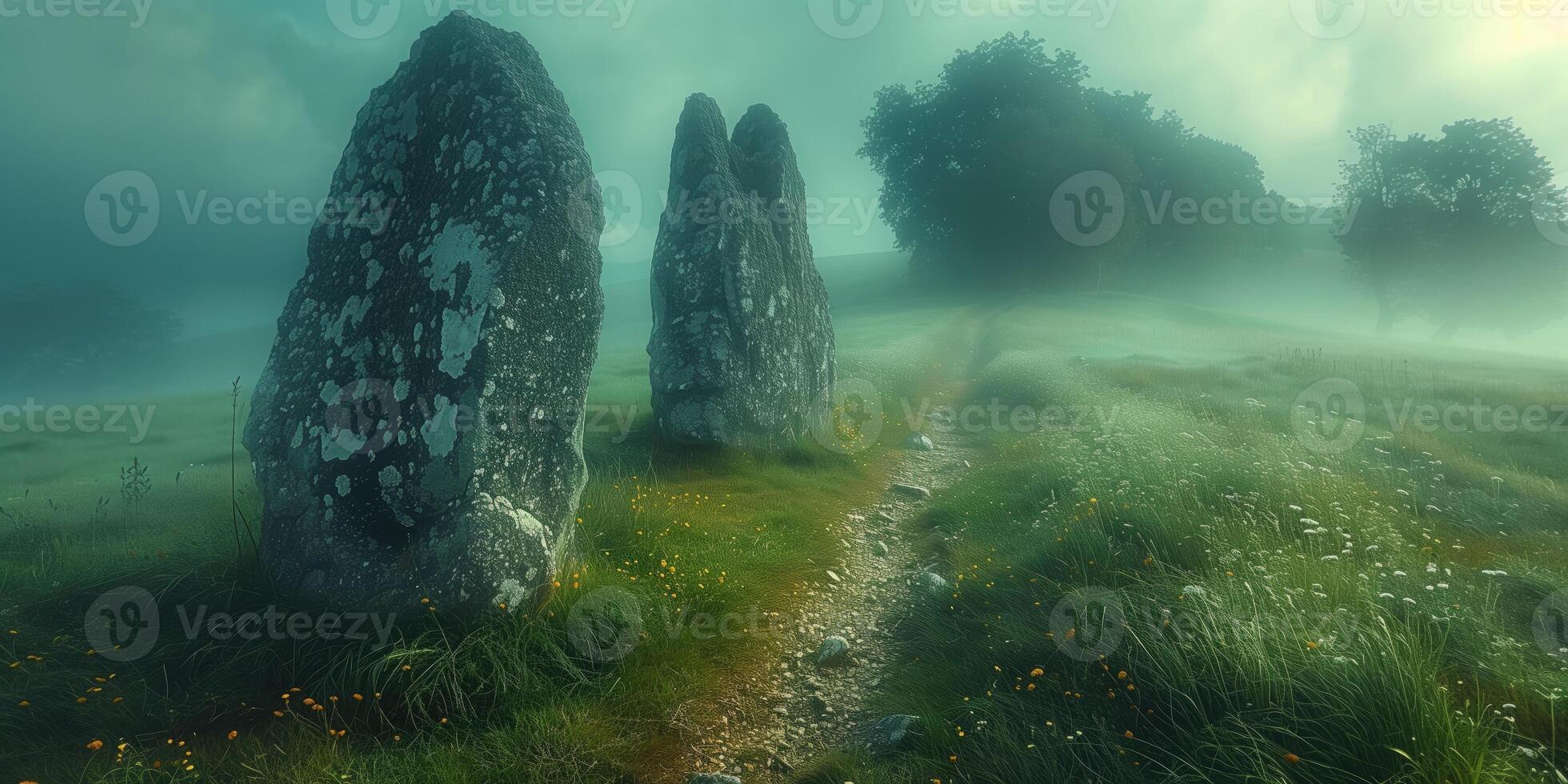 AI generated ancient megalithic stones on a foggy morning in a meadow photo