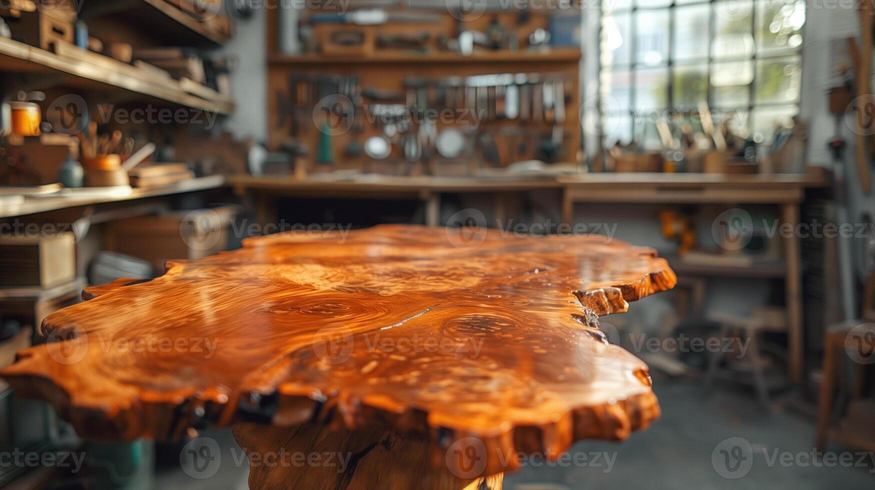 AI generated newly made designer table with burl wood top in a carpentry workshop photo