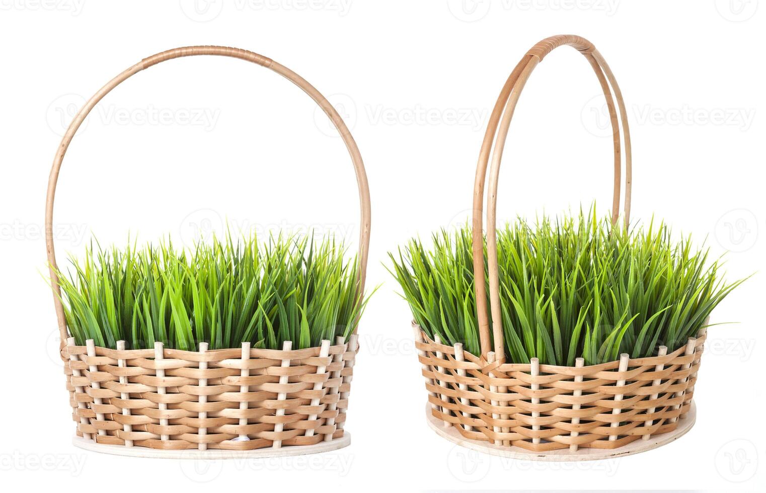 Grass in wicker basket isolated on white background photo