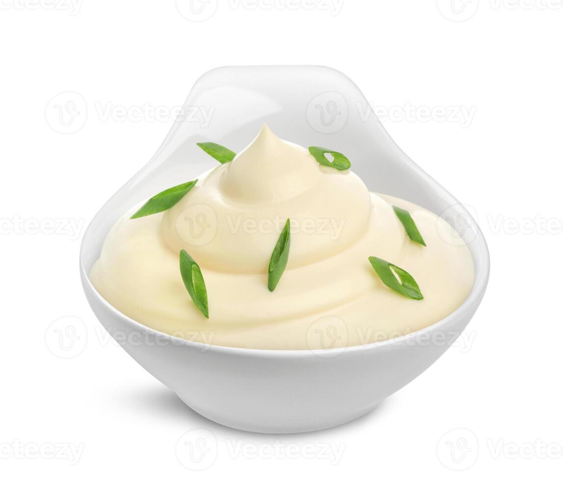 Sour cream with onion isolated on white background photo