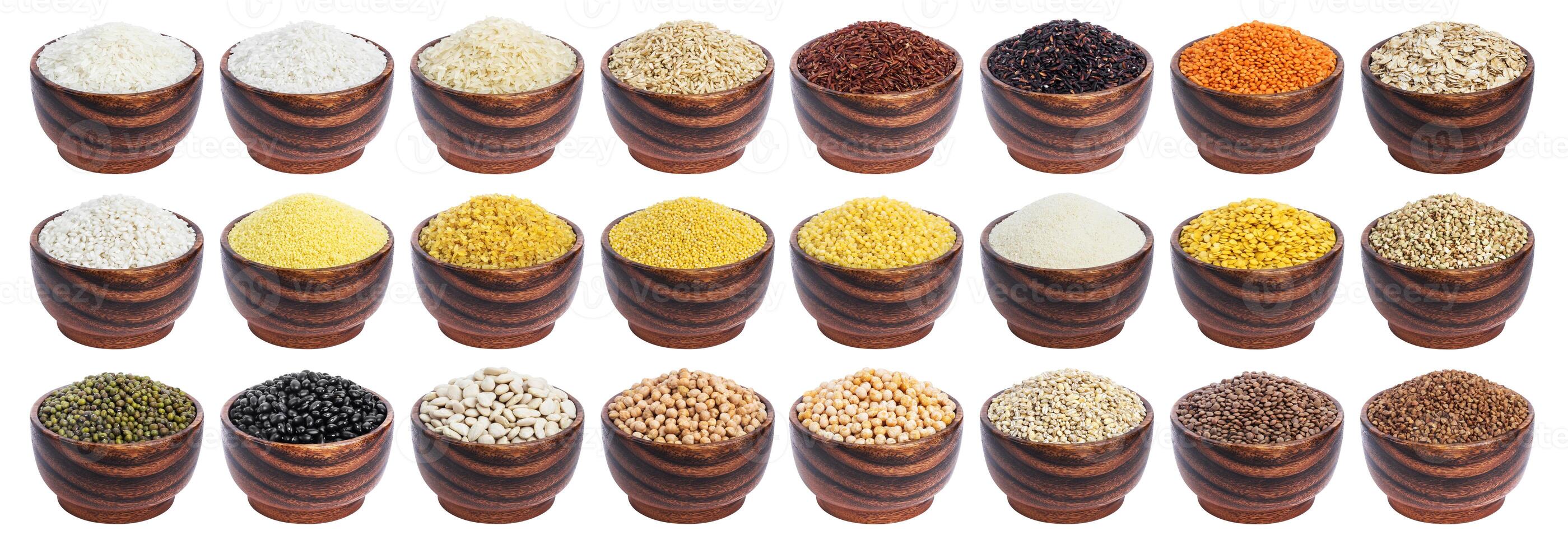 Different cereals, grains and flakes isolated on white background with clipping path photo