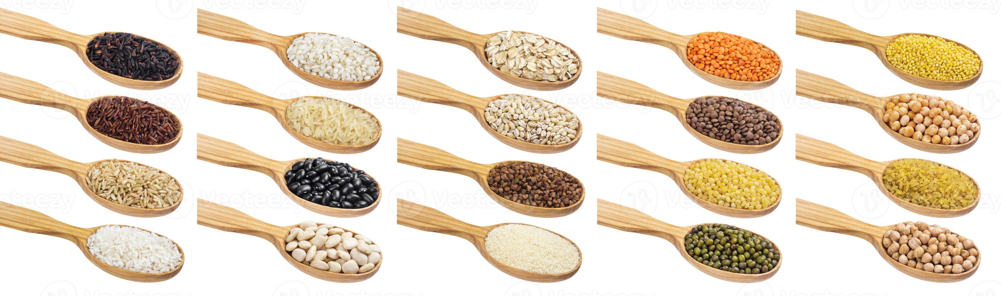 Wooden spoon with porridge, different cereals, grains and flakes isolated on white background with clipping path photo