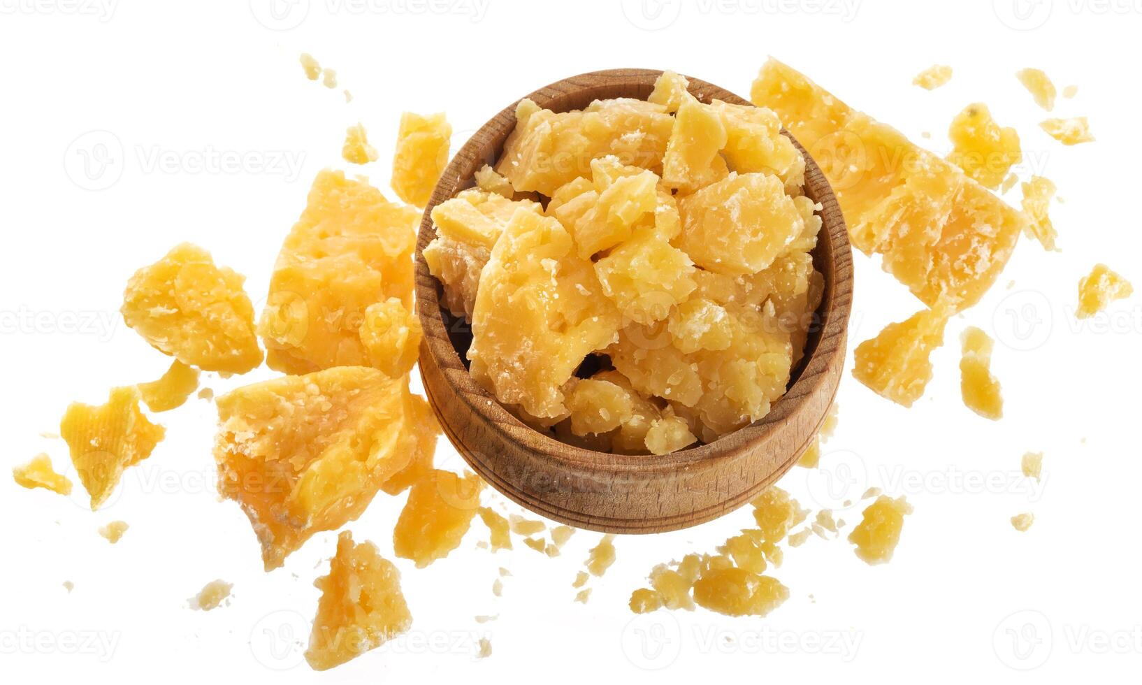 Parmesan cheese in bowl isolated on white background with clipping path, top view photo