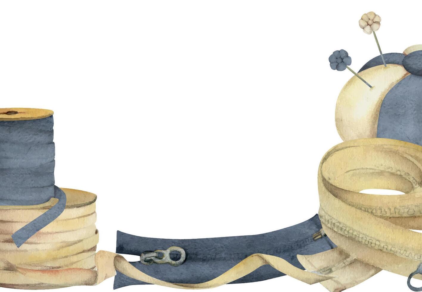 Hand drawn watercolor illustration sewing craft supplies. Clothes zippers, ribbon bobbins, textile pin cushion with needles. Frame isolated on white background. Design atelier, tailor, hobby shop vector