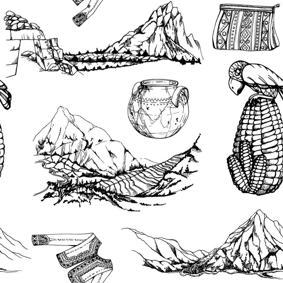 Hand drawn ink vector illustration, Peru symbols landscapes ceramic pot Machu Picchu corn maize embroidered jacket. Seamless pattern isolated on white background. Design travel, menu, brochure, print
