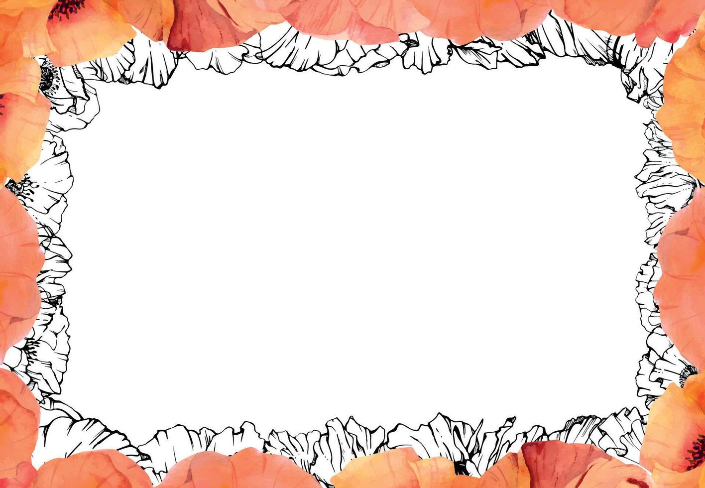 Hand drawn watercolor botanical illustration flowers leaves. Red poppy papaver, stems buds seedpods. Border frame isolated on white background. Design wedding, love cards, remembrance day stationery vector