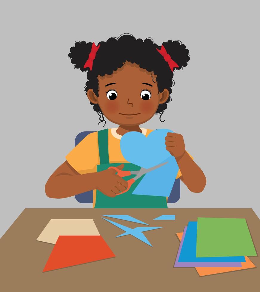 Cute little African girl cutting colored paper with scissors making heart shape paper cut art craft vector