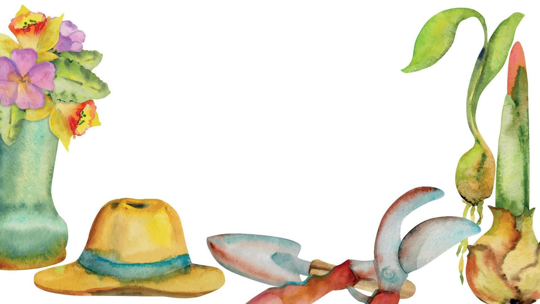 mano dibujado acuarela ilustración primavera jardinería herramientas, caucho botas con flores, Paja sombrero, bulbo brote. horizontal marco aislado en blanco antecedentes. diseño imprimir, comercio, álbum de recortes, embalaje vector