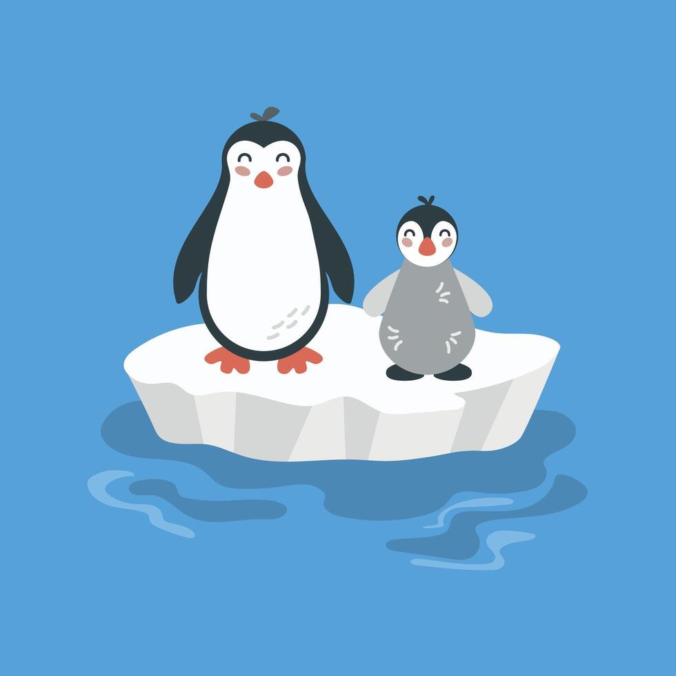 Illustration of cute cartoon penguin family on ice floe. Baby penguin, arctic animals. For card, poster, print. Vector illustration