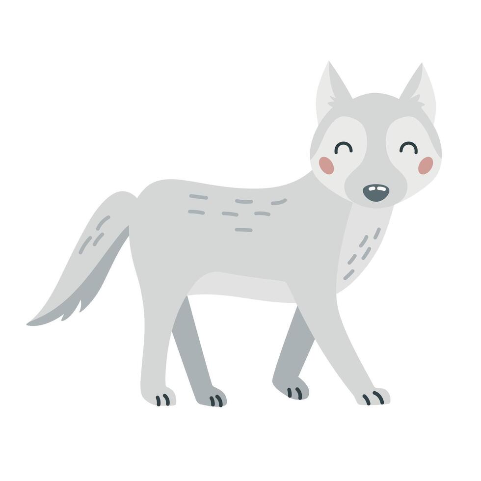 Cute cartoon hand drawn white wolf on isolated white background. Character of the polar, arctic, tundra, forest animals for the logo, mascot, design. Vector illustration