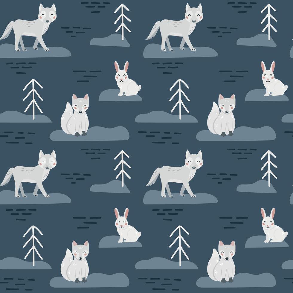 Seamless pattern with cute cartoon white arctic fox, wolf, hare in forest, tundra on dark blue background. Design for printing, textile, fabric. Vector illustration
