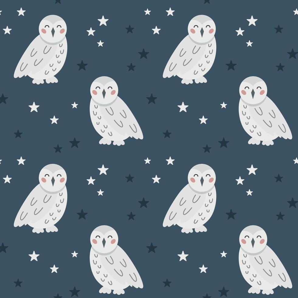 Seamless pattern with cute hand draw white polar owl and stars on dark blue background. Design for printing, textile, fabric. Vector illustration