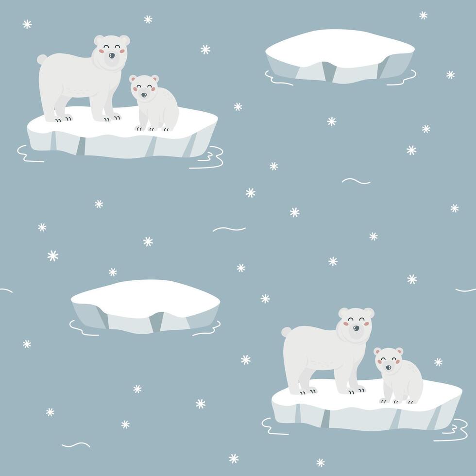 Seamless pattern with cute cartoon hand draw polar bear and baby bear on ice floe on blue background. Arctic animal. Design for printing, textile, fabric. Vector illustration
