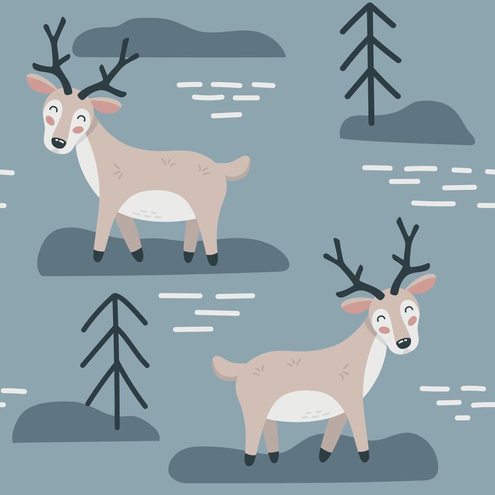 Seamless pattern with cute cartoon hand draw reindeer in forest, tundra on dark blue background. Design for printing, textile, fabric. Vector illustration