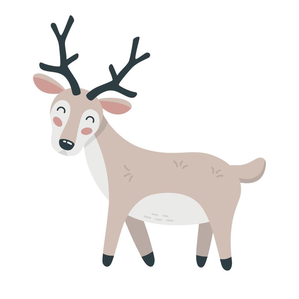 Cute cartoon hand drawn deer on isolated white background. Character of the polar, tundra, forest animals for the logo, mascot, design. Vector illustration