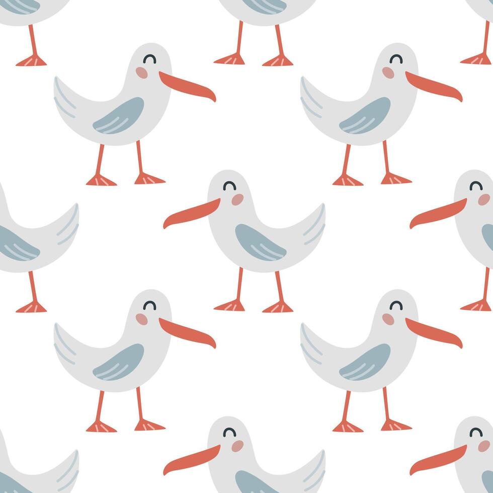 Seamless pattern with cute cartoon seagulls on white background. Sea bird. Design for printing, textile, fabric. Vector illustration
