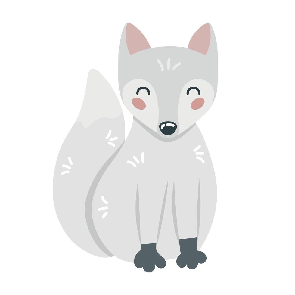 Cute cartoon hand drawn white arctic fox on isolated white background. Character of the polar, tundra, forest animals for the logo, mascot, design. Vector illustration