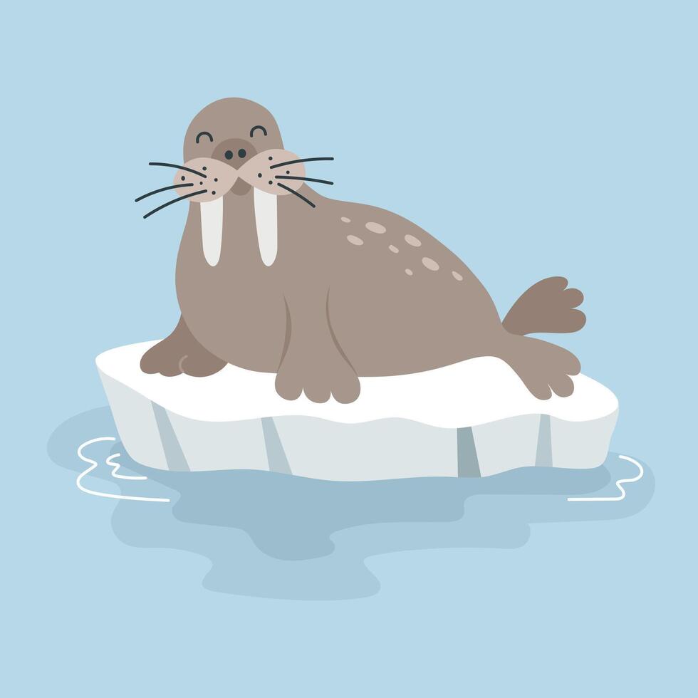 Illustration of cute cartoon walrus on ice floe. Arctic animals. For card, poster, print. Vector illustration