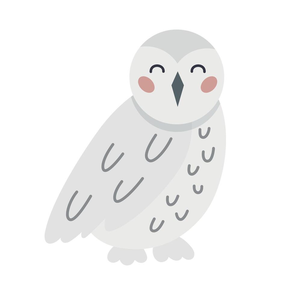 Cute cartoon hand drawn white polar owl on isolated white background. Character of the arctic, tundra, forest animals for the logo, mascot, design. Vector illustration