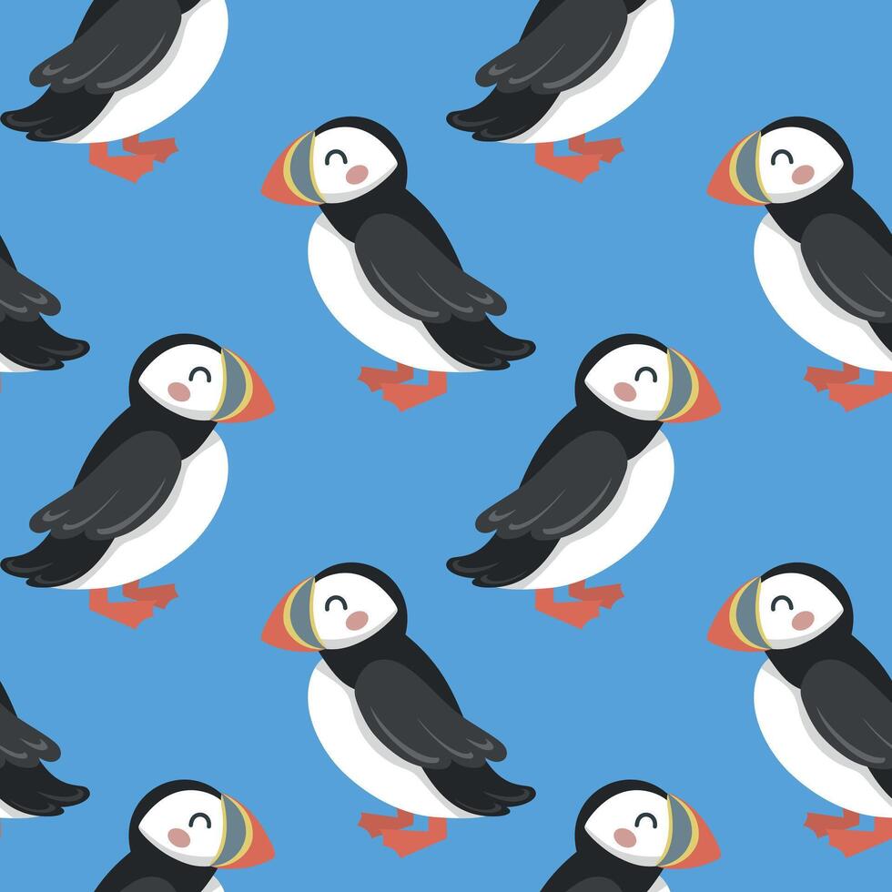 Seamless pattern with cute hand draw cartoon puffin on blue background. Design for printing, textile, fabric. Vector illustration